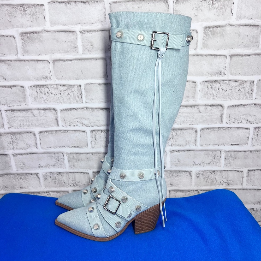 🤩NWOT |•BATA•| Blue Denim Silver Studded Pointed Knee High Boots Size 7.5